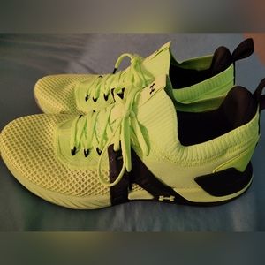Under Armor Project Rock 4 Shoes, size 11 1/2, color quirky lime and black.